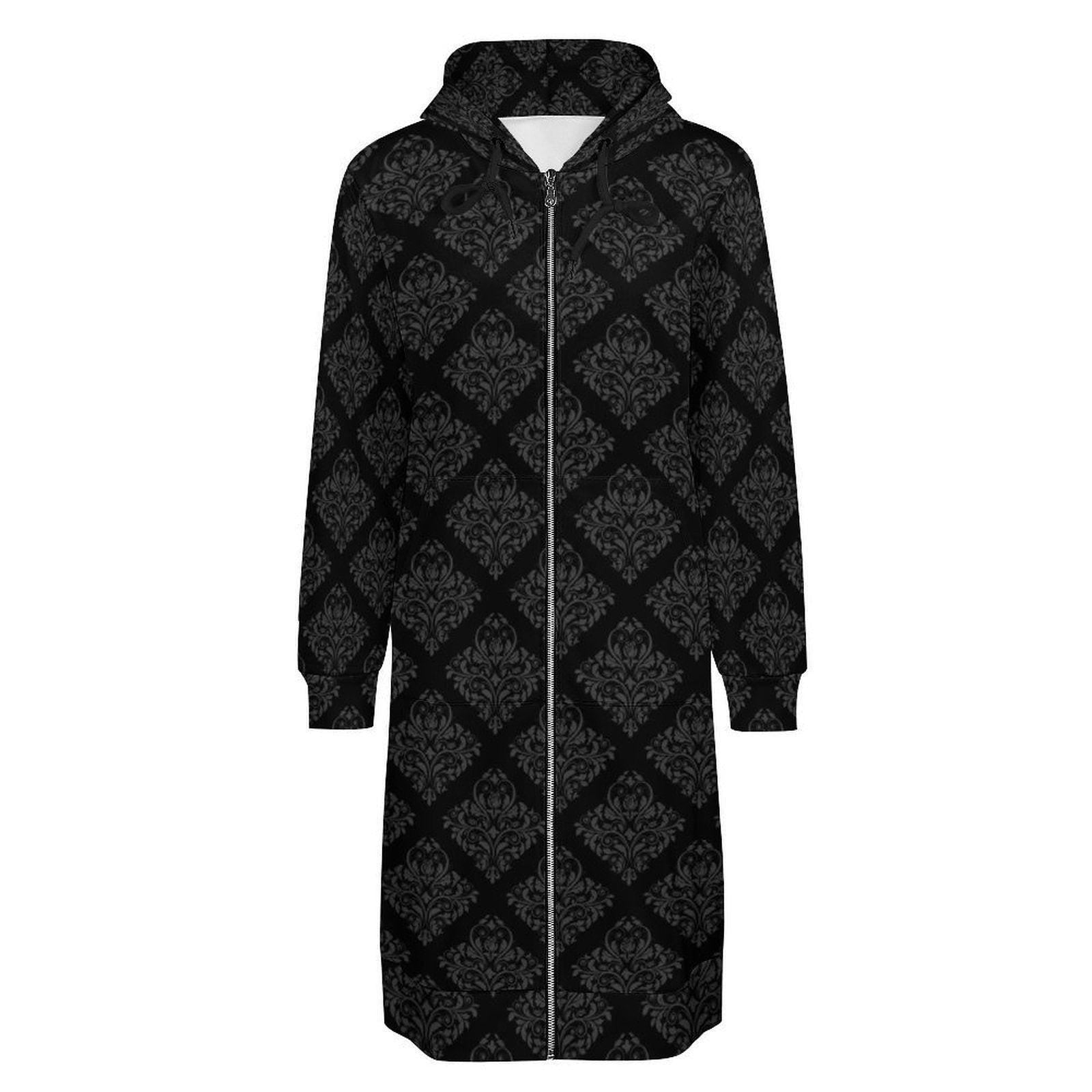 Black Damask Long Zip Hoodie Coat, Victorian Inspired Baroque Jacket