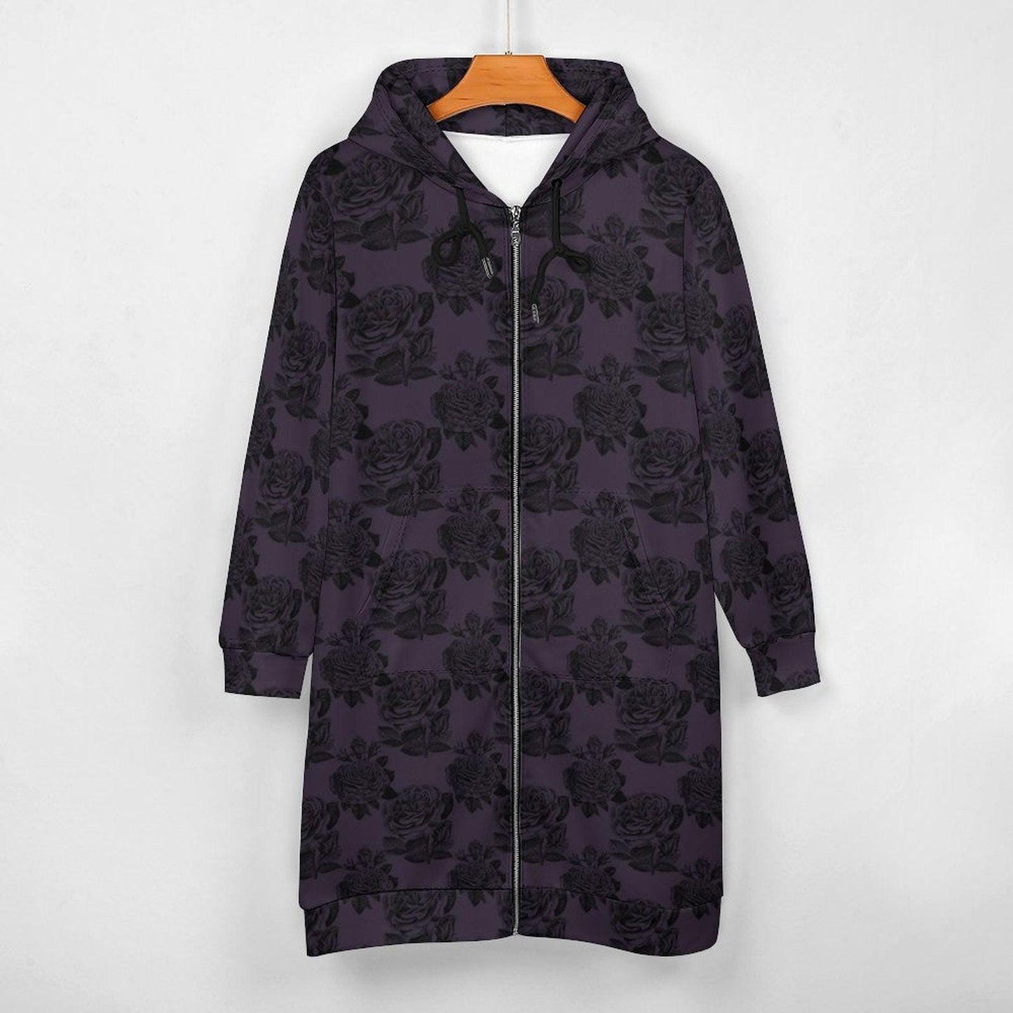 Purple Black Rose Long Hooded Jacket, Dark Floral Coat
