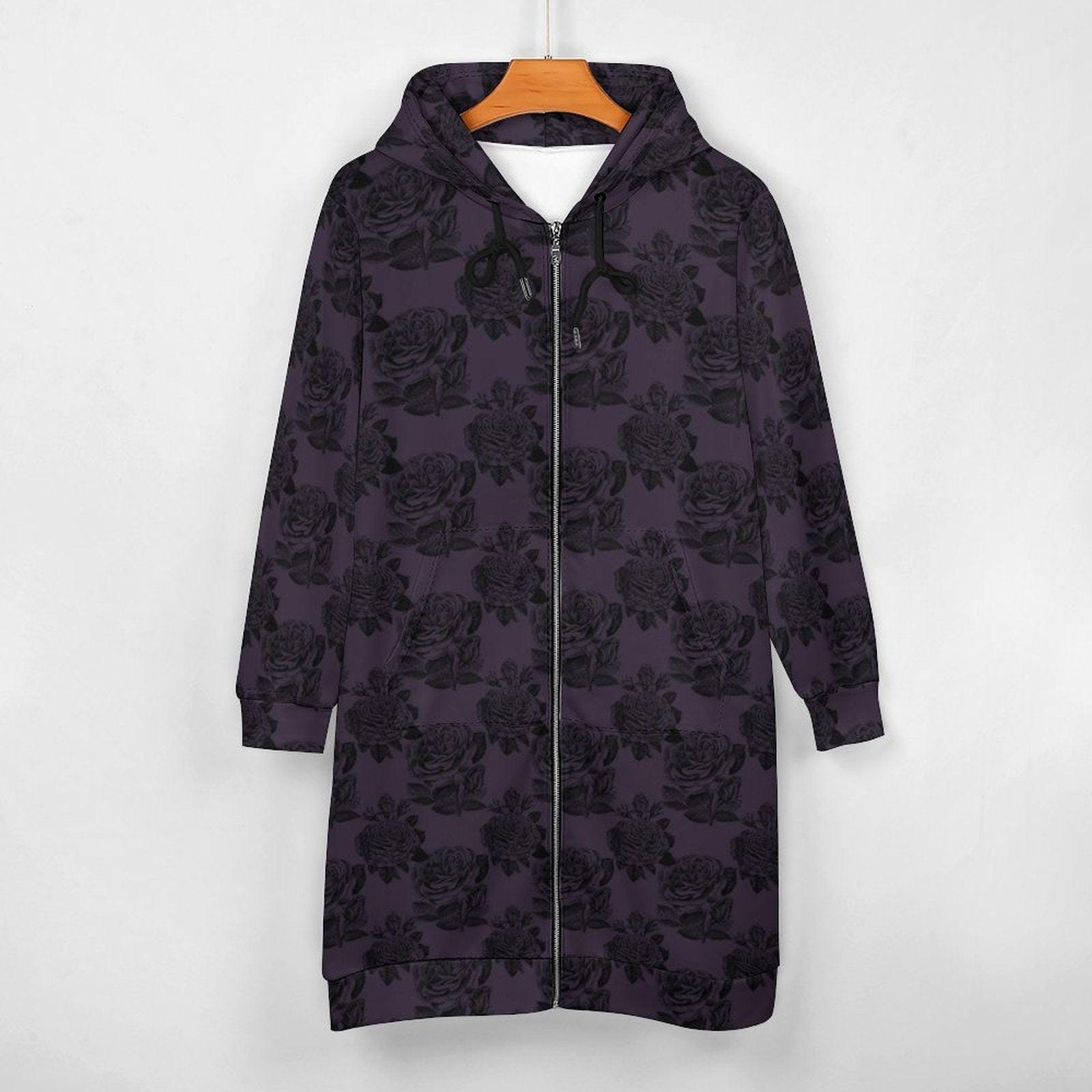 Purple Black Rose Long Hooded Jacket, Dark Floral Coat