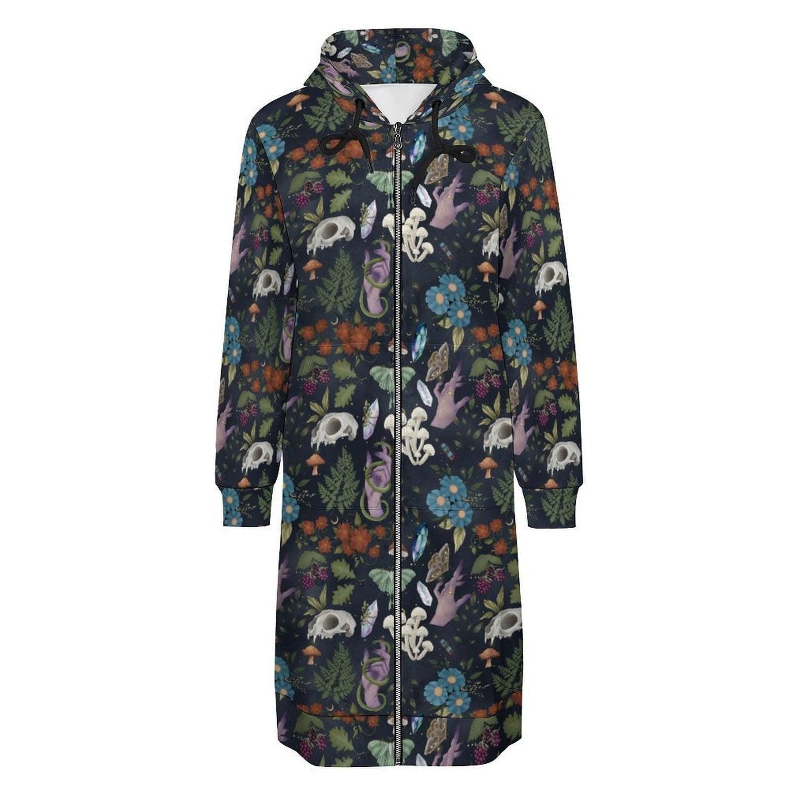 Forest Skull and Snake Print Long Zip Hoodie Coat