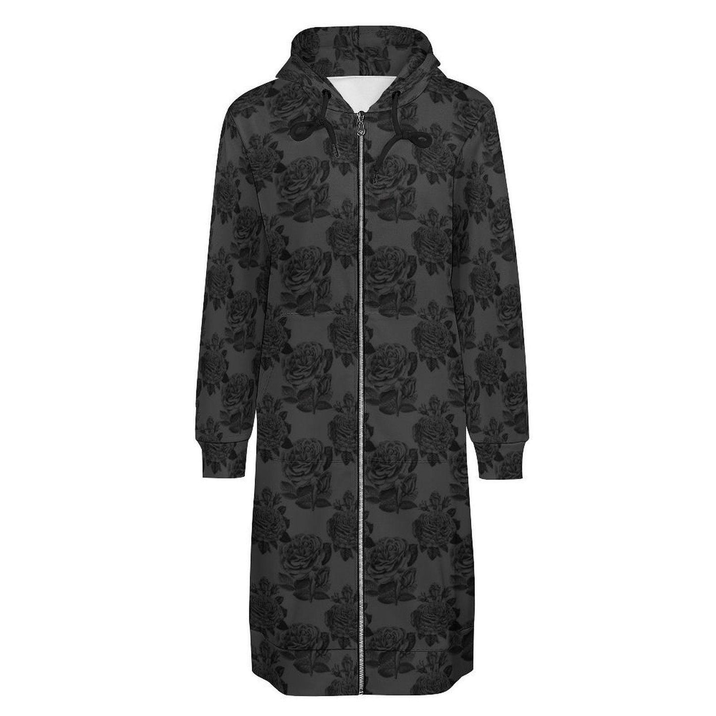 Black Rose Long Hooded Jacket, Dark Floral Zip Coat