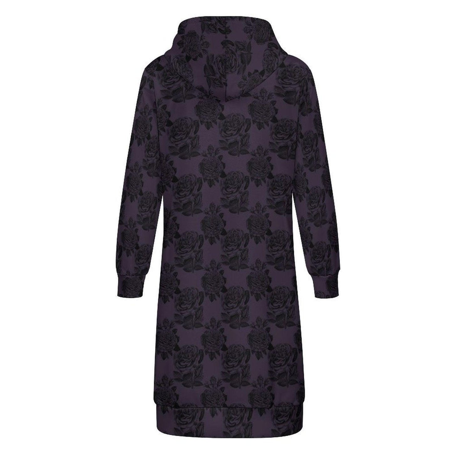 Purple Black Rose Long Hooded Jacket, Dark Floral Coat
