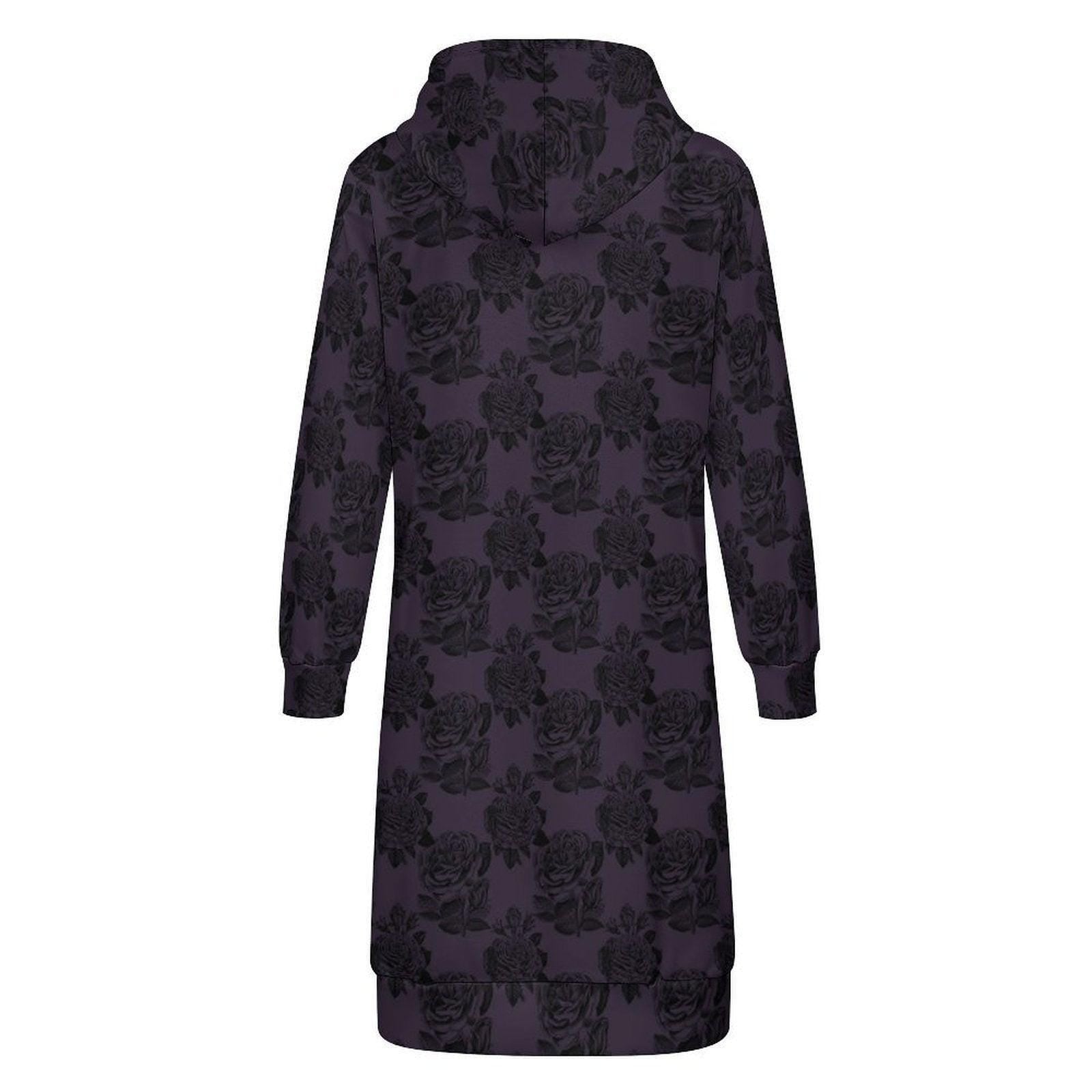 Purple Black Rose Long Hooded Jacket, Dark Floral Coat