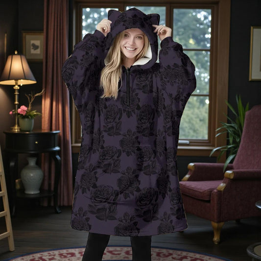 Purple Rose Gothic Fleece Hoodie Blanket, Cat Ear Hood