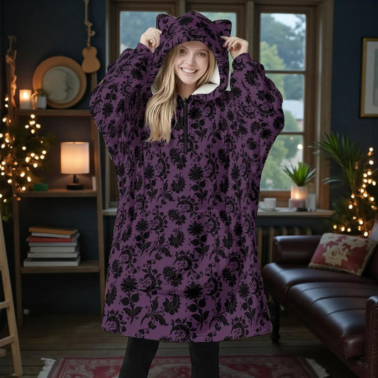 Victorian Damask Blanket Hoodie with Cat Ear Hood, Purple Gothic Pattern Oversized Fleece Hoodie