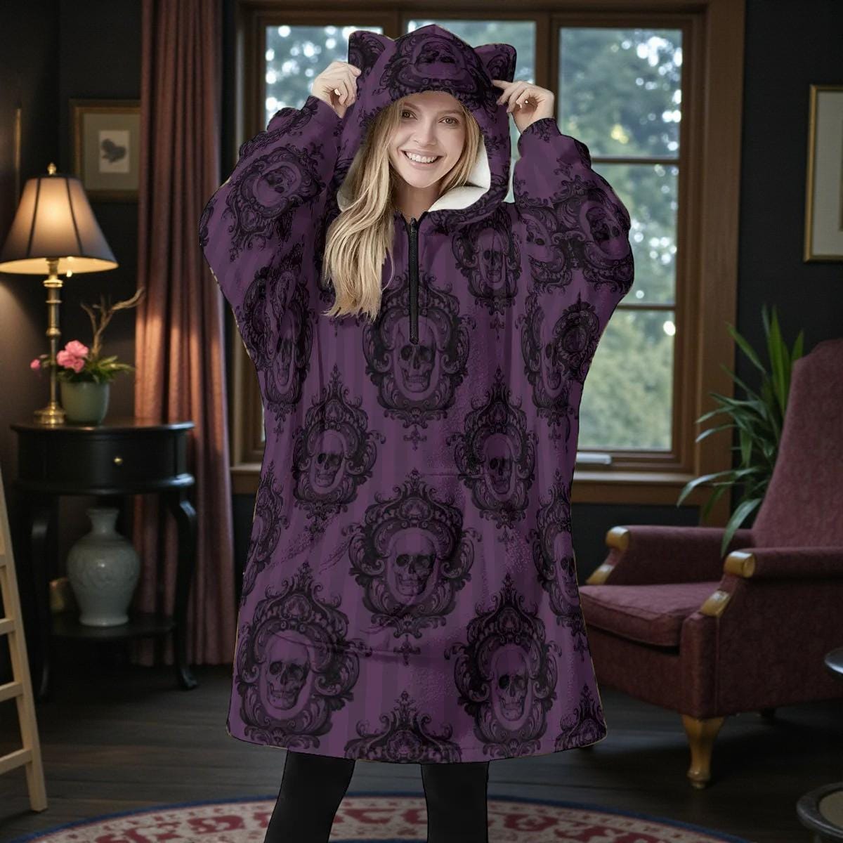 Victorian Gothic Damask Fleece Hoodie Blanket, Purple Skull Cat Ear Hood