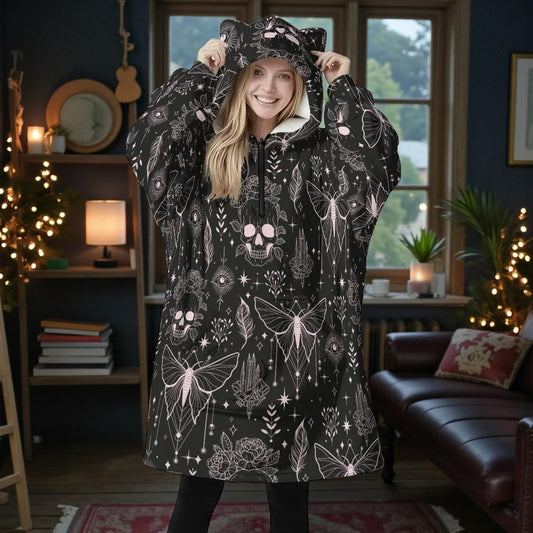 Moth Skull Occult Hoodie Blanket, Gothic Line Art Print Blanket Hoodie with Cat Ear Hood, Oversized Fleece Hoodie