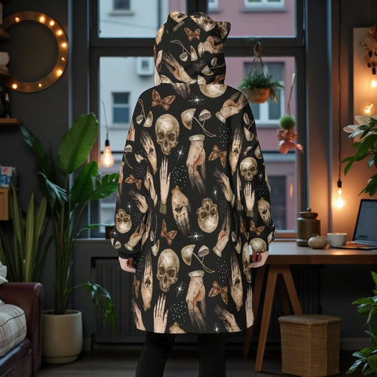 Occult Skull Fleece Hoodie Blanket, Witchy Gothic Cat Ear Hood