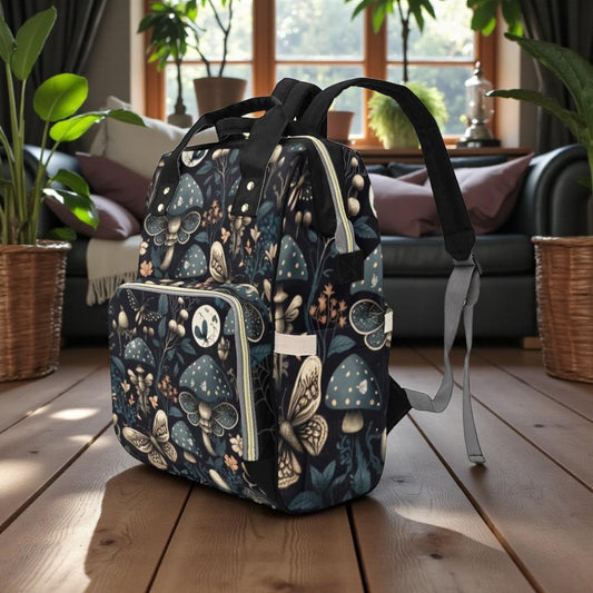 Moth and Mushroom Diaper Backpack with Woodland Night Garden Print