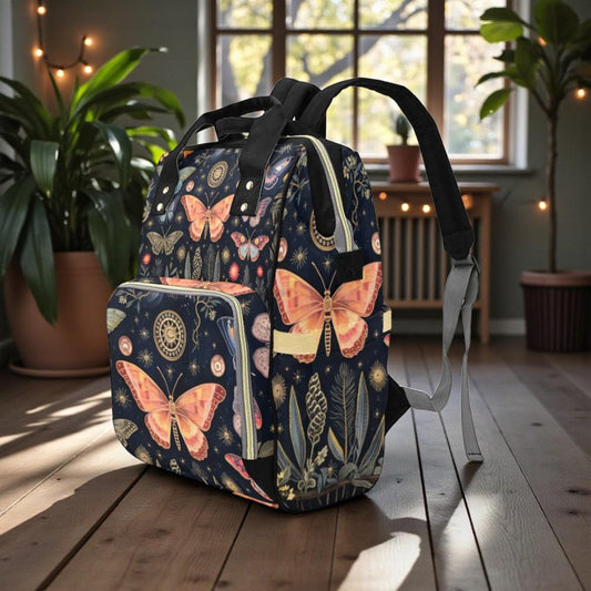 Moth Butterfly Diaper Backpack, Celestial Botanical Baby Bag with Vintage Nature Print