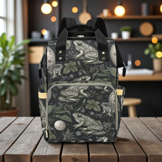 Vintage Frog Illustration Diaper Backpack, Woodland Nature Baby Bag with Night Garden Amphibian Print