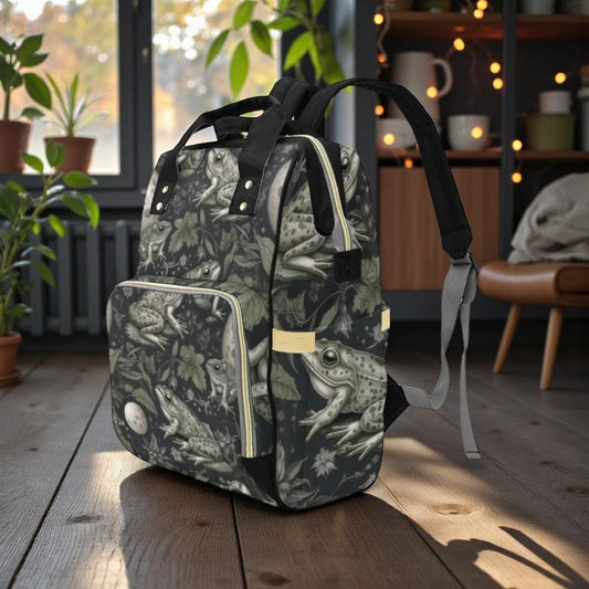 Vintage Frog Illustration Diaper Backpack, Woodland Nature Baby Bag with Night Garden Amphibian Print