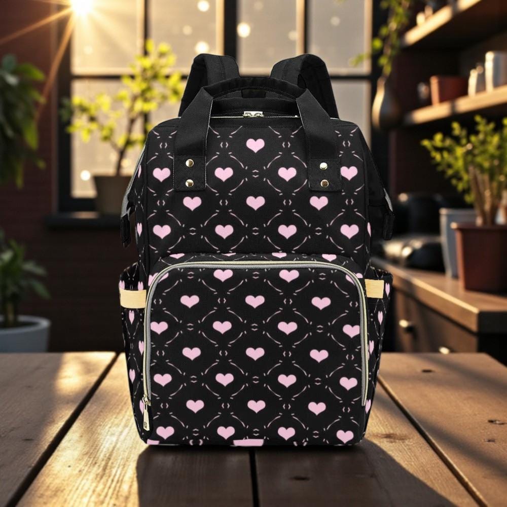 Pink Heart Diaper Backpack for Moms with Soft Gothic Love Print