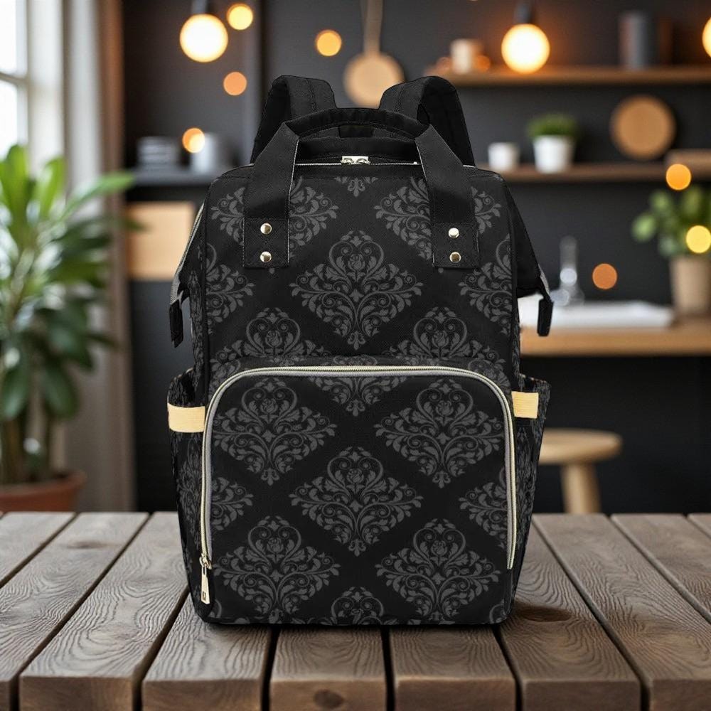 Victorian Damask Diaper Backpack, Dark Ornamental Baby Bag for Everyday Carry