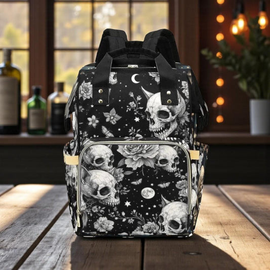Floral Skull Diaper Backpack, Gothic Baby Bag with Moon and Rose Print