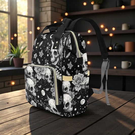 Floral Skull Diaper Backpack, Gothic Baby Bag with Moon and Rose Print