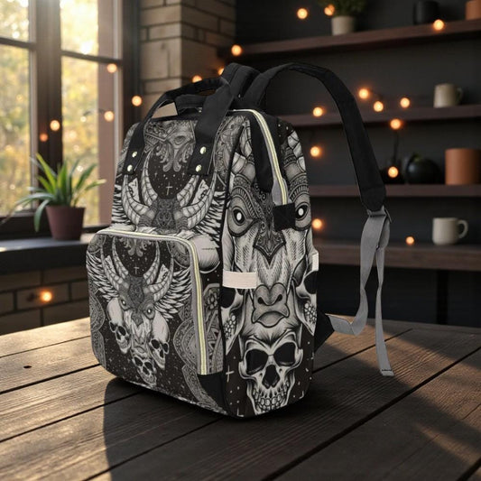 Horned Skull Diaper Backpack, Occult Gothic Baby Bag with Dark Ritual Art