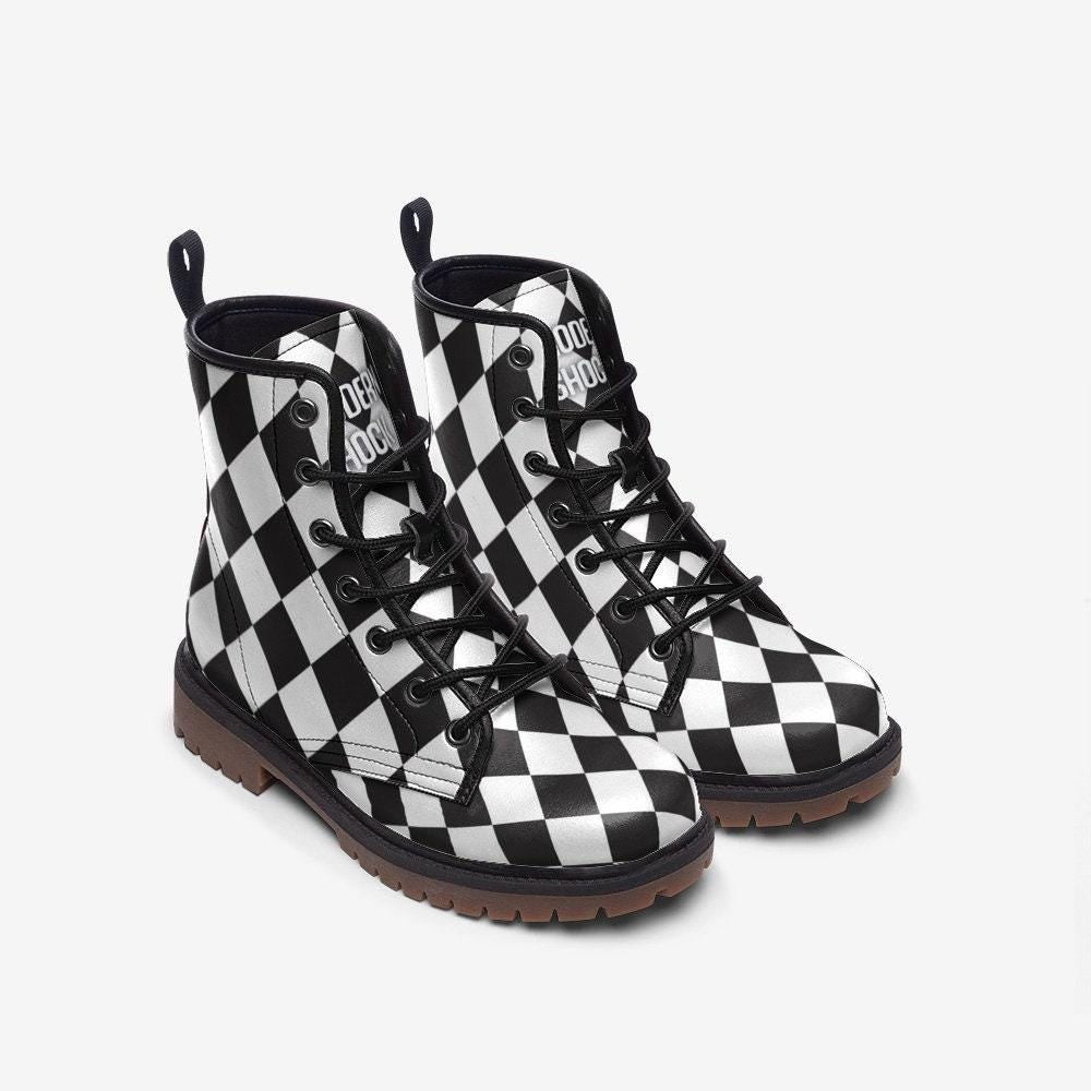 Checkered Vegan Leather Combat Boots, Alice Style