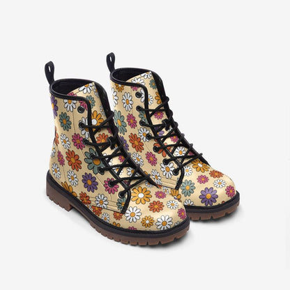 Retro Floral Combat Boots, Groovy Daisy Lace Up Boots, 70s Flower Power Shoes