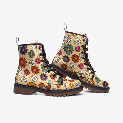 Retro Floral Combat Boots, Groovy Daisy Lace Up Boots, 70s Flower Power Shoes