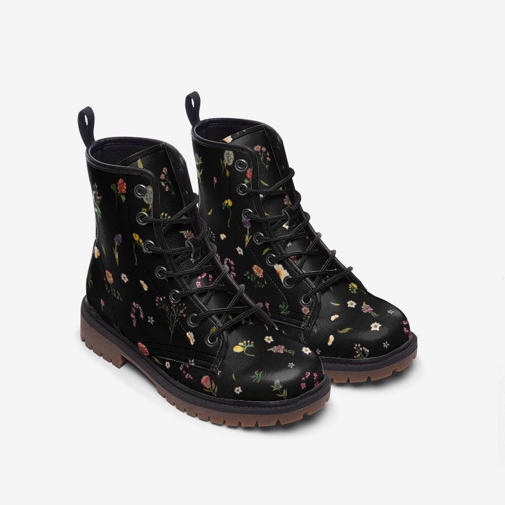 Dark floral combat boots, vegan leather lace-up platform boots, vintage wildflower print, cottagecore style