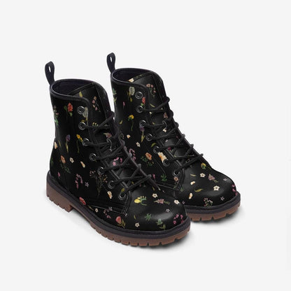 Dark floral combat boots, vegan leather lace-up platform boots, vintage wildflower print, cottagecore style