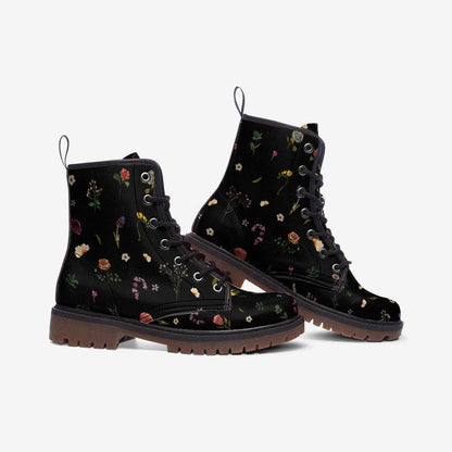Dark floral combat boots, vegan leather lace-up platform boots, vintage wildflower print, cottagecore style