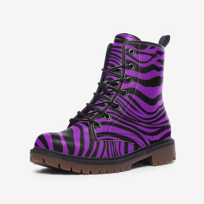 Purple Zebra Combat Boots, Bold Lace Up Platform Boots with Graphic Animal Print