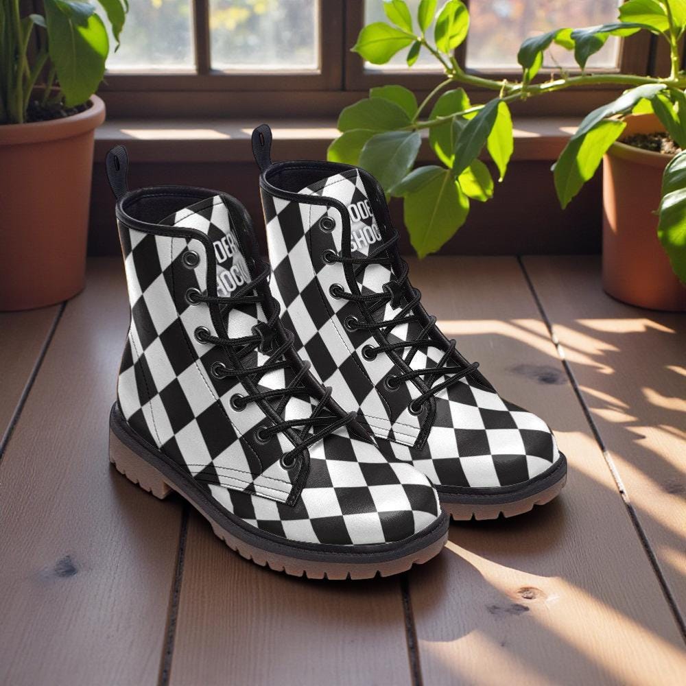 Checkered Vegan Leather Combat Boots