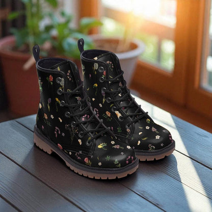 Dark floral combat boots, vegan leather lace-up platform boots, vintage wildflower print, cottagecore style