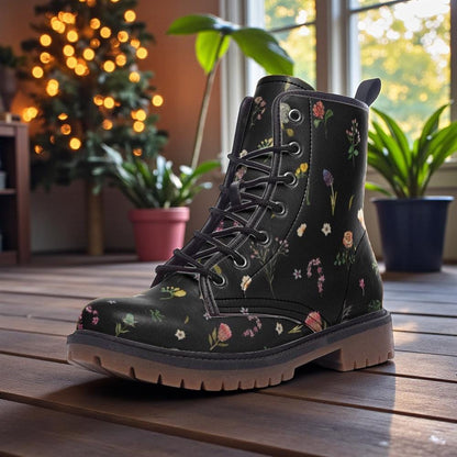 Dark floral combat boots, vegan leather lace-up platform boots, vintage wildflower print, cottagecore style