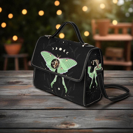 Moth Celestial Moon Black Canvas Satchel bag, Cute women nature crossbody purse, cute black strap hand bag, hippies boho gift purse