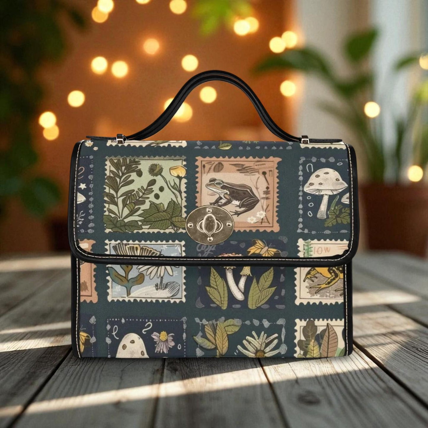 Woodland Postage Stamp Crossbody Bag, Cottagecore Nature Purse with Frog Mushroom Botanical Print