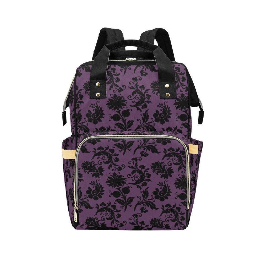Purple Damask Backpack, Vintage Gothic Ornamental Pattern Bag