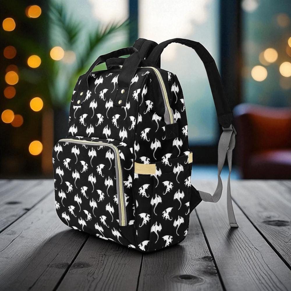 Dragon Pattern Diaper Backpack, Dark Fantasy Baby Bag with Mythical Creature Print