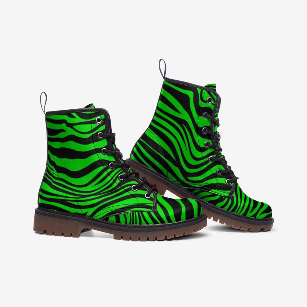 Neon Green Zebra Vegan Leather Boots – Edgy Festival Fashion