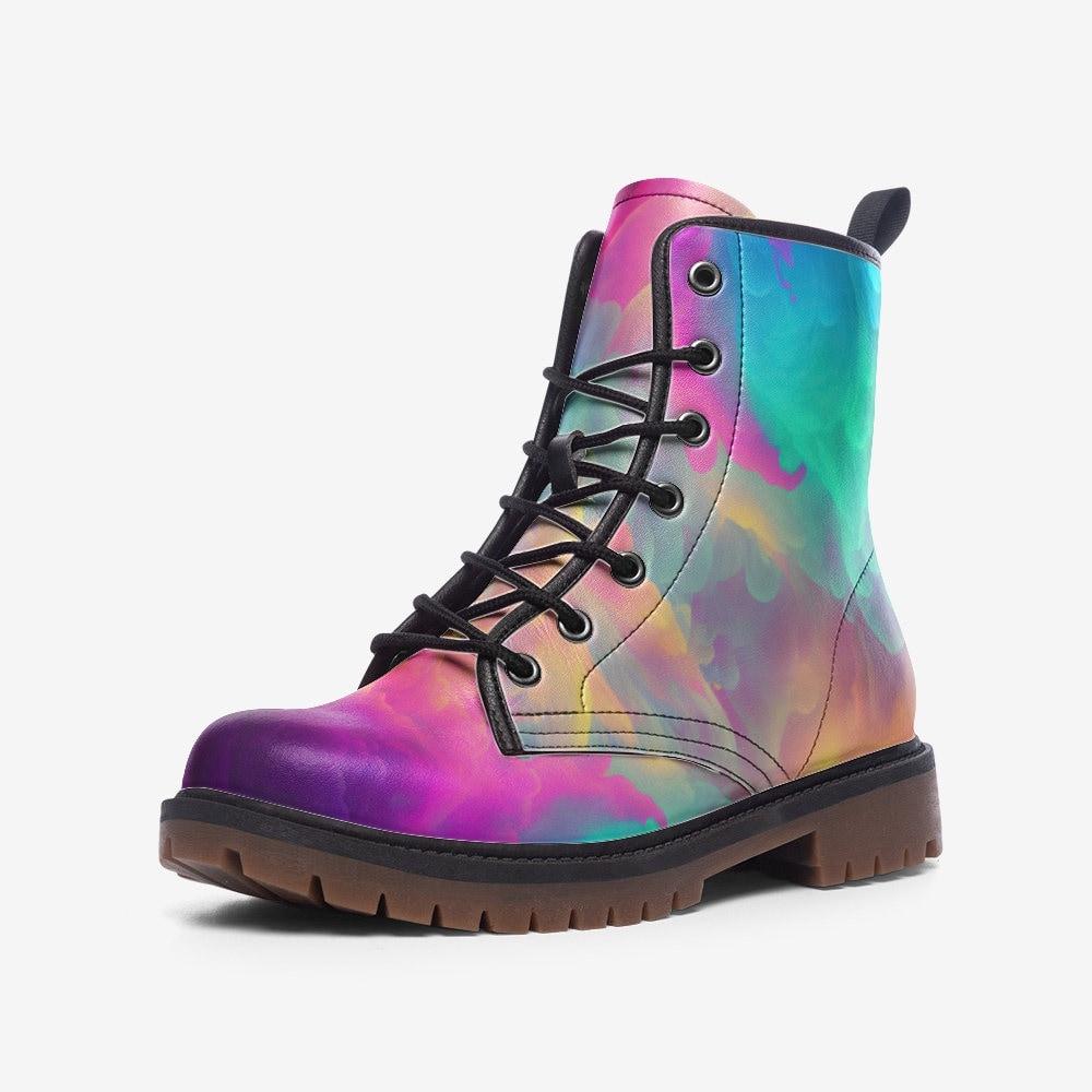 Pastel Rainbow Vegan Leather Combat Boots, Platform, Festival, Edgy, Unisex, Rave, Statement