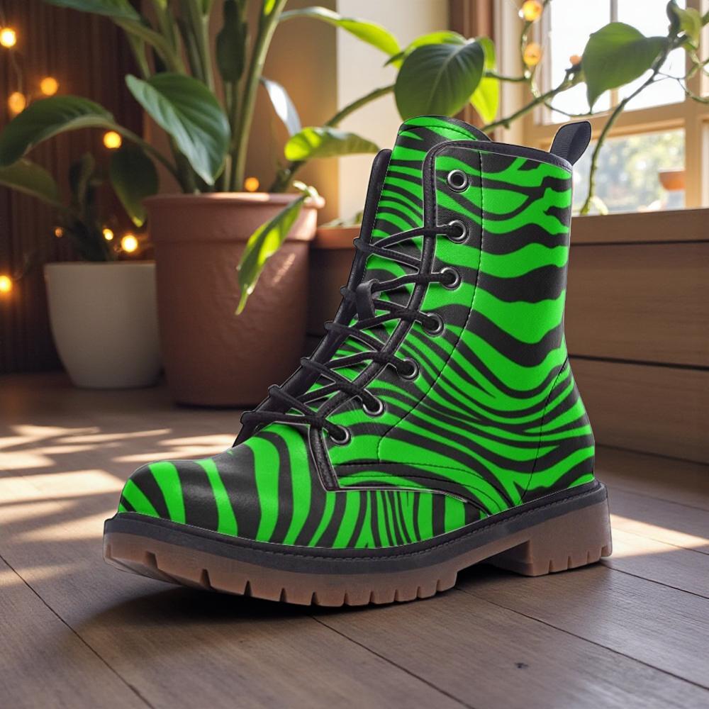 Neon Green Zebra Vegan Leather Boots – Edgy Festival Fashion