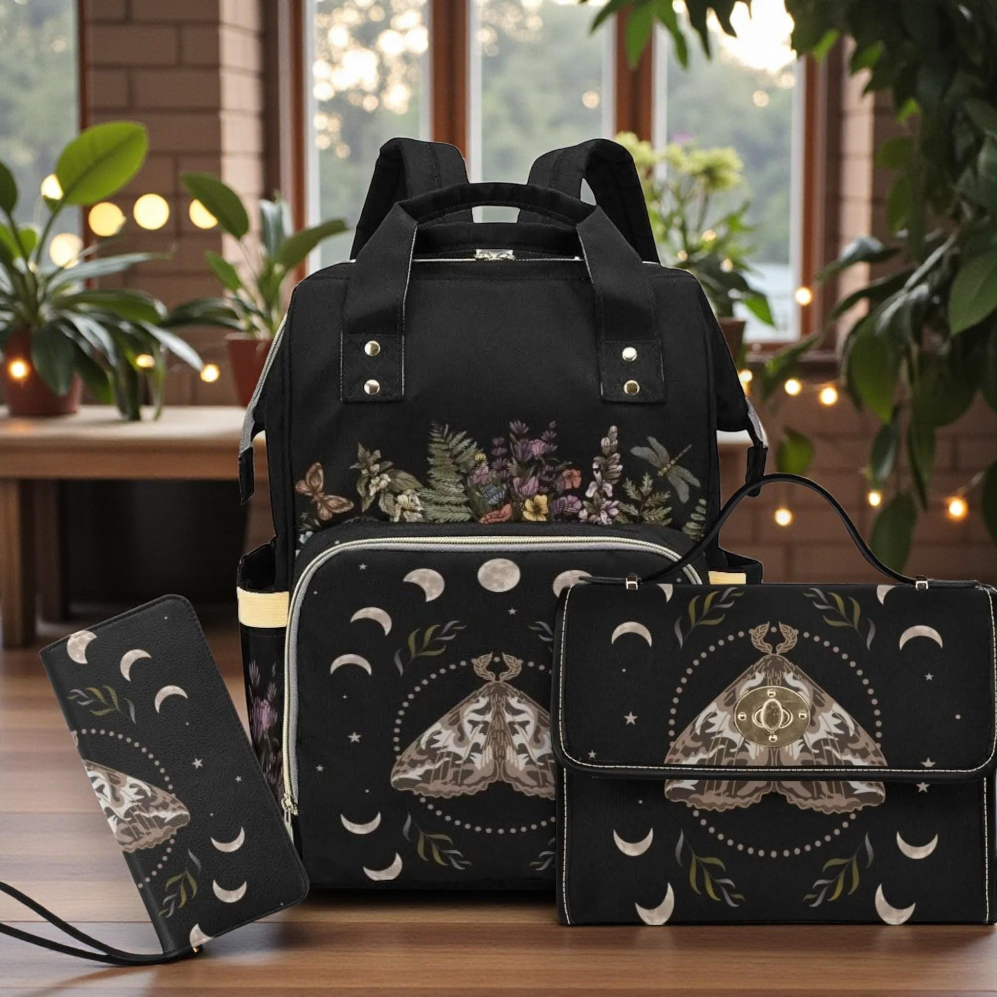 Celestial Moth Backpack, Moon Phases Bag, Witchy Gift for Christmas