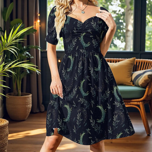 Botanical moon sundress, witchy lunar garden dress, celestial puff sleeve outfit, dark cottage witch fashion, forest goth fairycore