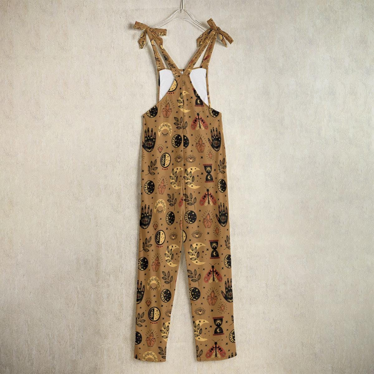 Tarot Symbol Overalls Jumpsuit, Mystic Boho Wide Leg Occult Dungarees