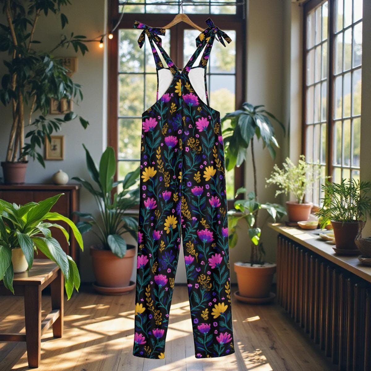 Colorful Floral Overalls, Botanical Wide Leg Dungarees, Festival Outfit