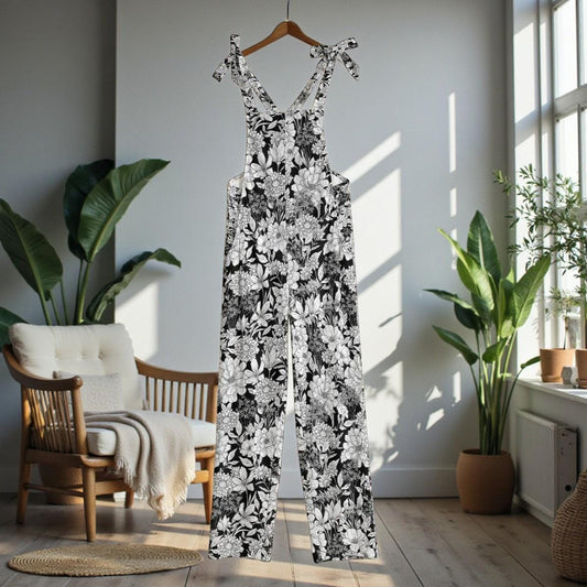 Botanical Floral Dungarees, Cottagecore Wide Leg Nature Print Overalls
