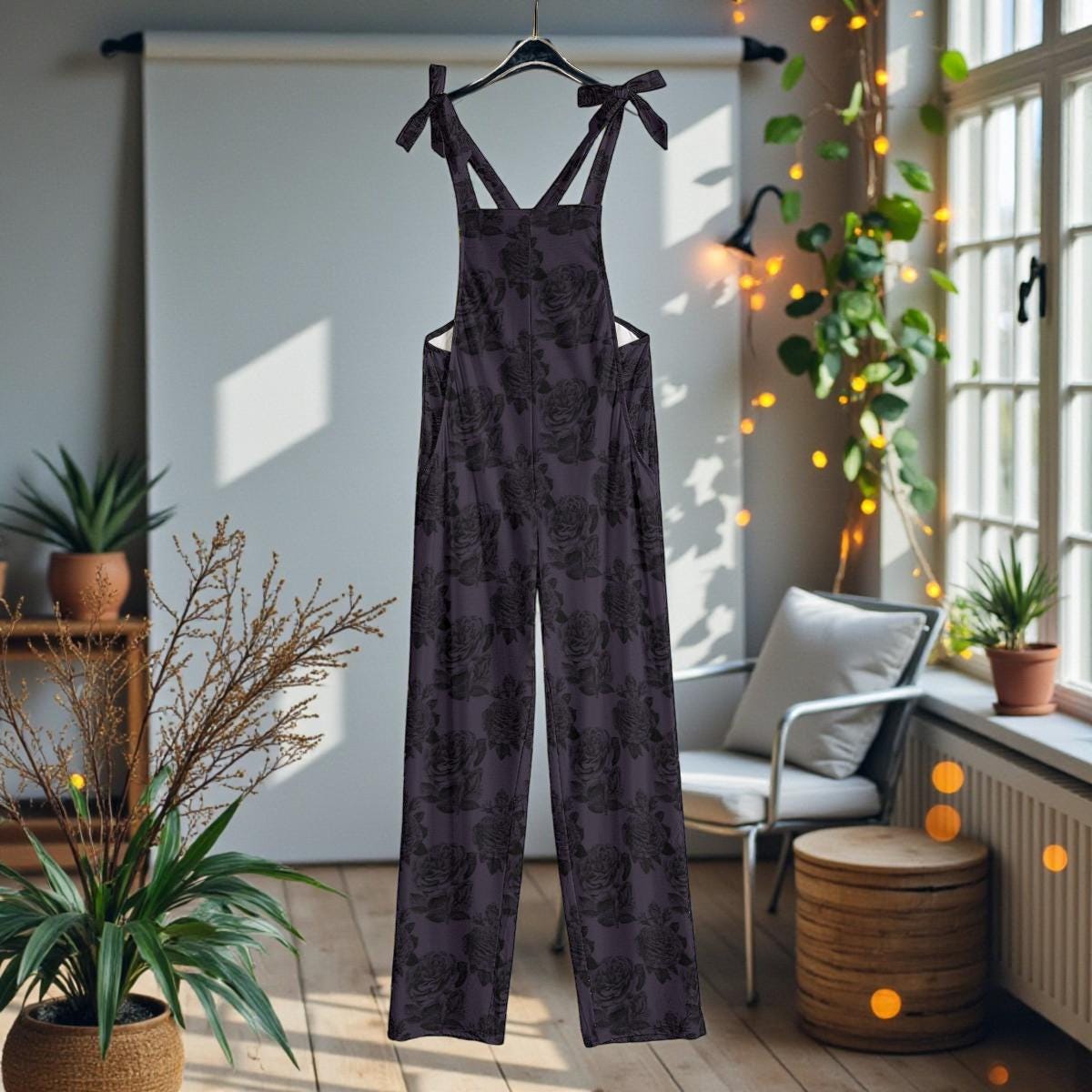 Dark Rose Overalls Jumpsuit, Gothic Floral Wide Leg Dungarees