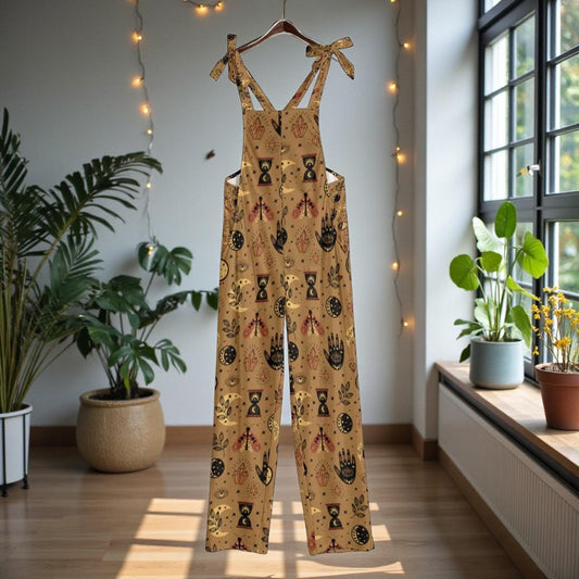 Tarot Symbol Overalls Jumpsuit, Mystic Boho Wide Leg Occult Dungarees