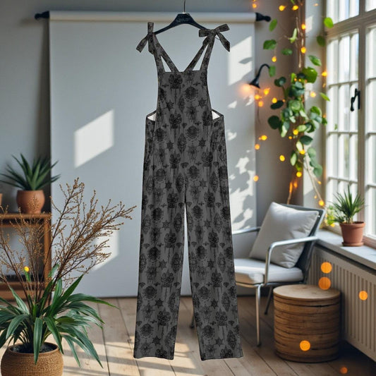Charcoal Victorian Key Print Jumpsuit, Gothic Wide Leg Overalls, Moody Witchy Festival Outfit for Women
