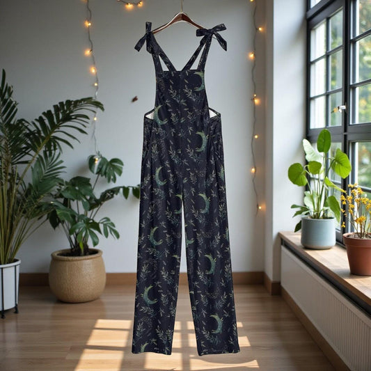 Moon Phase Botanical Jumpsuit, Wide Leg Overalls with Adjustable Straps, Celestial Garden Print Lounge Outfit