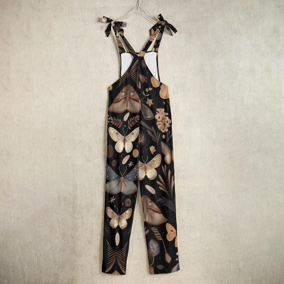 Nocturnal Moth Dungarees, Wide Leg Ribbon Strap Insect Print Jumpsuit