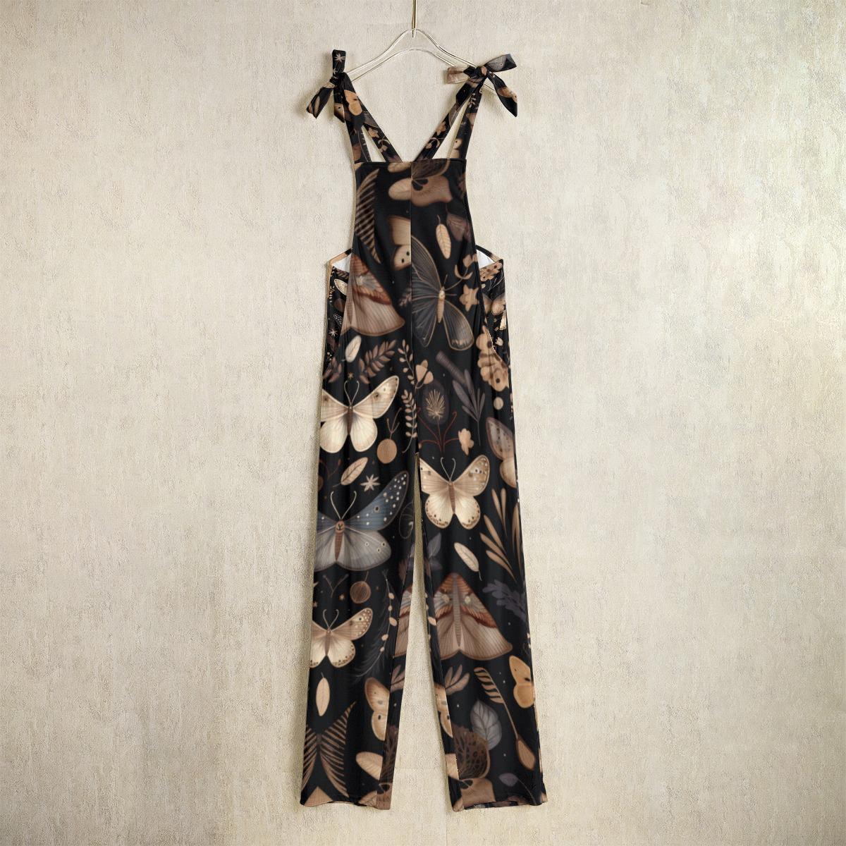 Nocturnal Moth Dungarees, Wide Leg Ribbon Strap Insect Print Jumpsuit