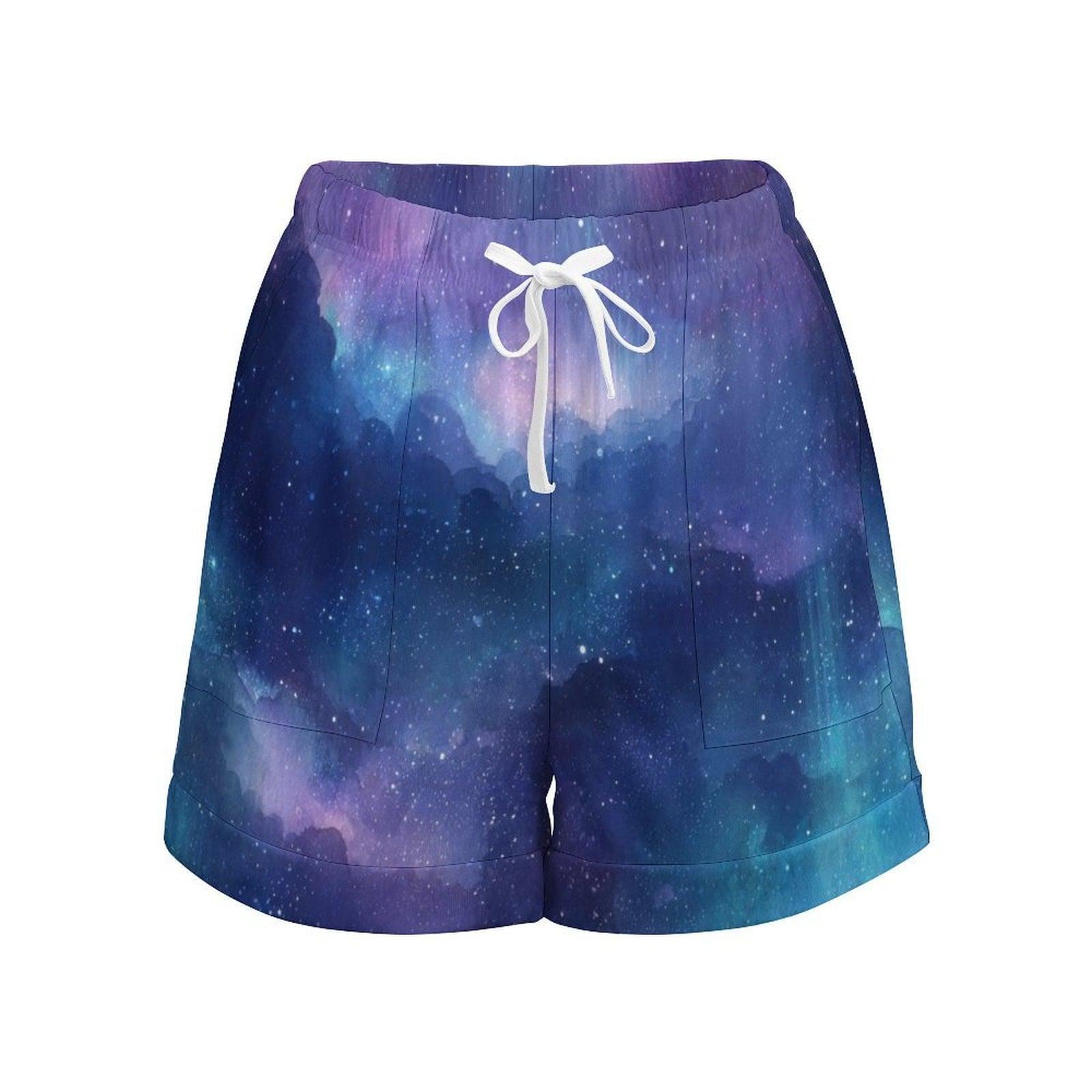 Galaxy Drawstring Shorts, Celestial Lounge Shorts, Blue Nebula Vacation Wear